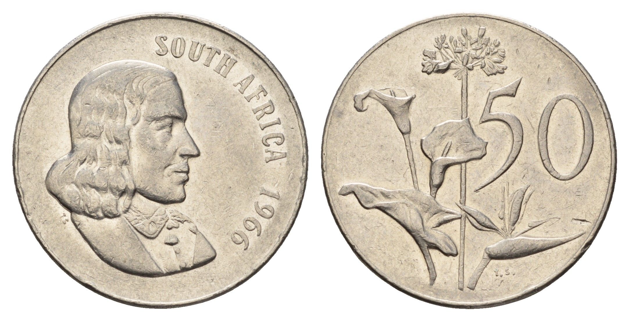 ЮАР 50 центов 1966 Ян ван Рибек (1619-1677), South Africa, легенда на английском, Зантедеския Эллиота (калла) KM 70.1 медно-никель 4114-621
