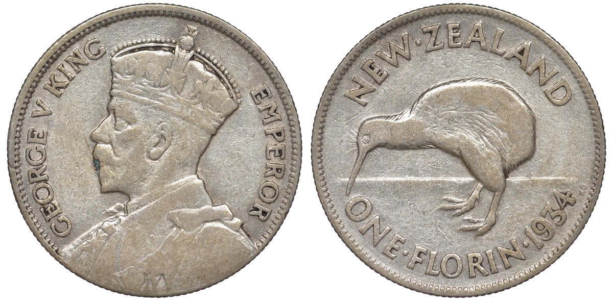 Новая Зеландия 1 флорин 1934 Георг V (1910-1936), птичка киви KM 4 серебро 1531-634