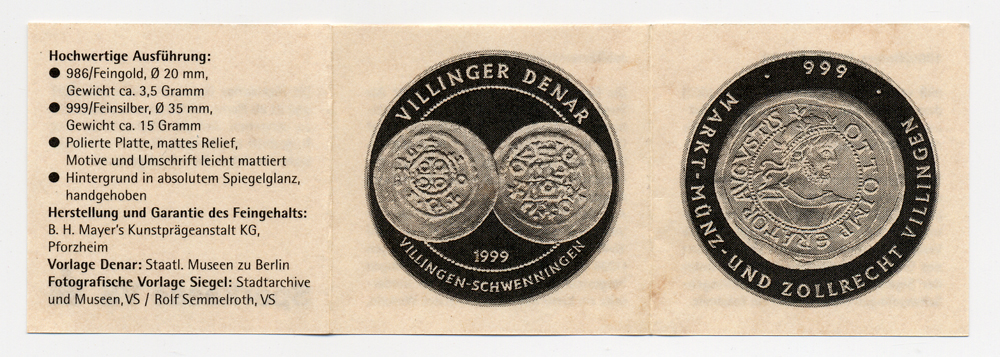 Германия медаль 1999 1000 лет Вилингерскому денару, с сертификатом серебро PROOF 7-5-1-40