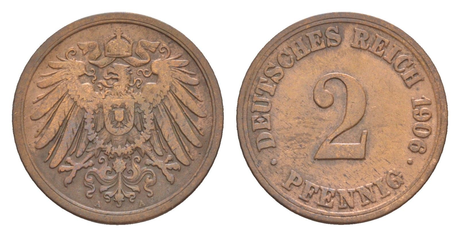 Германия 2 пфеннига 1906 A, Вильгельм II (1888-1918) KM 16, J. 11 медь 4647-848