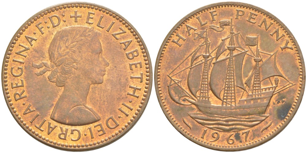 Великобритания 1/2 пенни 1967 Елизавета II (1952-2022) KM 896, Spink 4158 бронза 4544-153