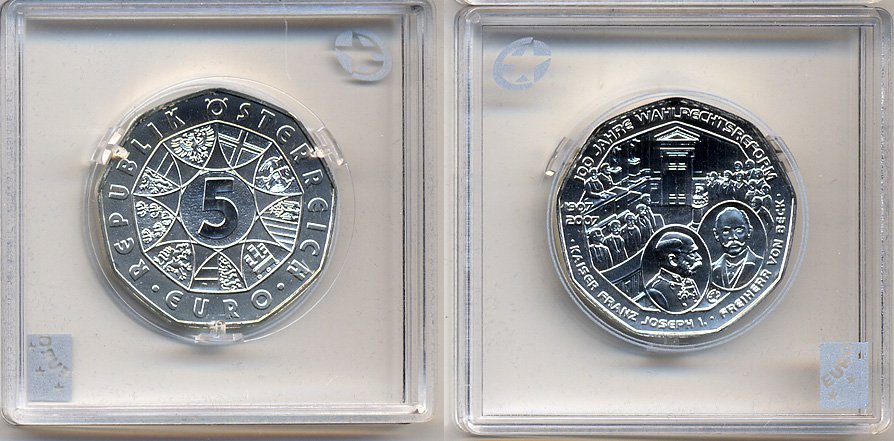 Австрия 5 евро 2007 100 лет Всеобщему избирательному праву, Франц Иосиф KM 3144 серебро UNC 5-3-1-38