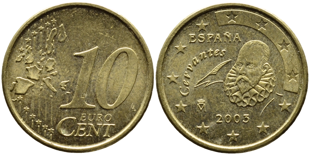 ИСПАНИЯ 10 ЕВРОЦЕНТОВ 2003 KM 1043 латунь 4391-156