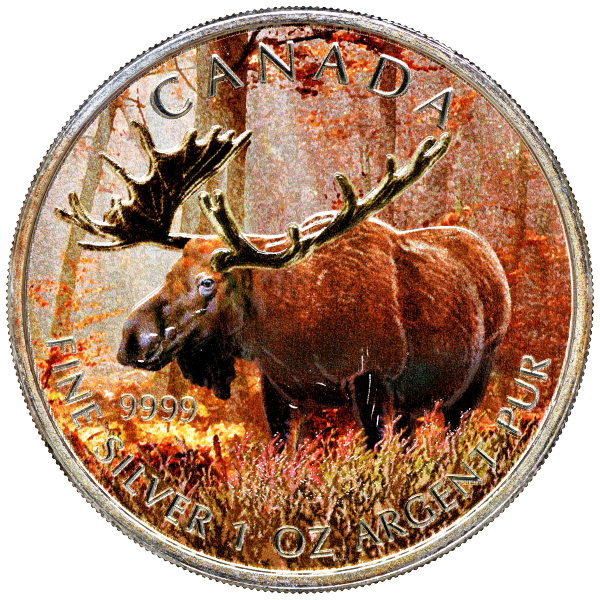 Канада 5 долларов 2012 серия Животный мир Канады, лось, в оригинальной коробке с сертификатом тираж 5000 экз., цветная эмаль серебро UNC 5-5-1-12