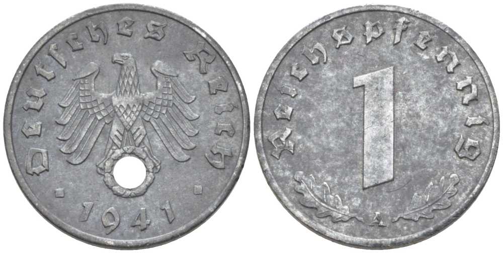 ГЕРМАНИЯ 1 РЕЙХСПФЕННИГ 1941 A KM 97, J. 369 цинк 206-1123