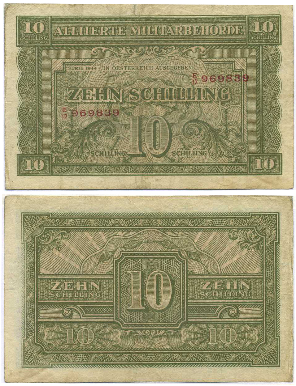 АВСТРИЯ 10 ШИЛЛИНГОВ 1944 ОККУПАЦИЯ СОЮЗНИКОВ, ВТОРАЯ МИРОВАЯ ВОЙНА Pick 106 бумага 8595-11-3-1