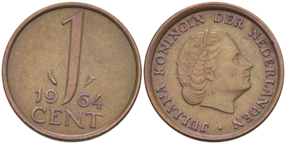 Нидерланды 1 цент 1964 Юлиана (1949-1980) KM 180 бронза 3955-126