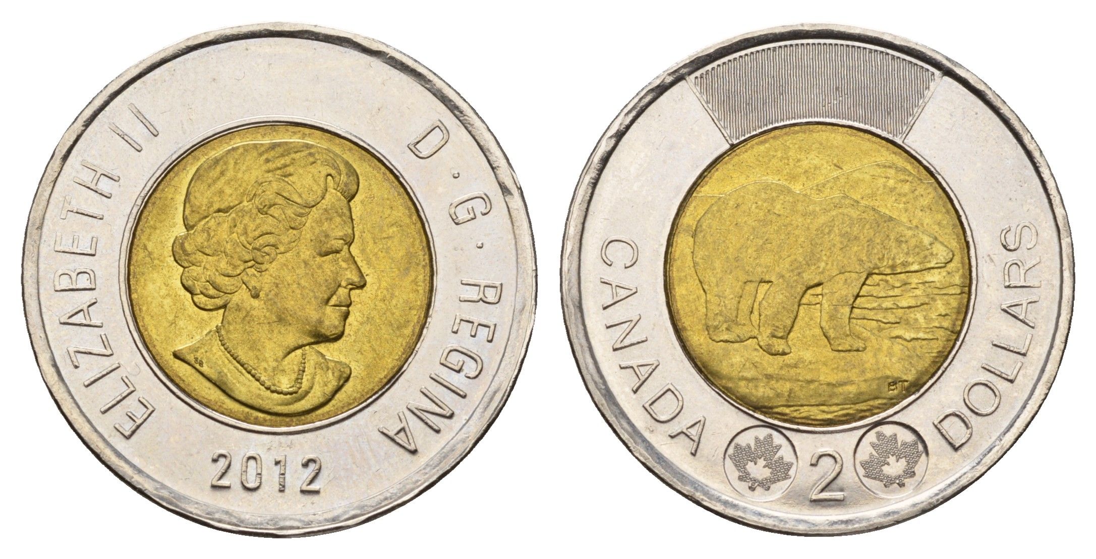 Канада 2 доллара 2012 Leaf, Елизавета II (1952-2022), полярный медведь KM 1257 биметалл UNC 4678-1246