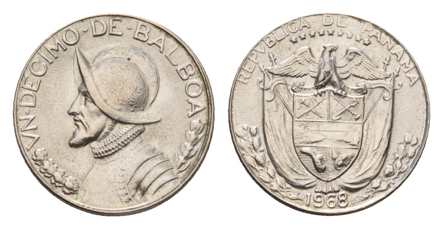 Панама 1/10 бальбоа (10 сентесимо) 1968 KM 10 медь плакированная медно-никелем UNC 4674-961