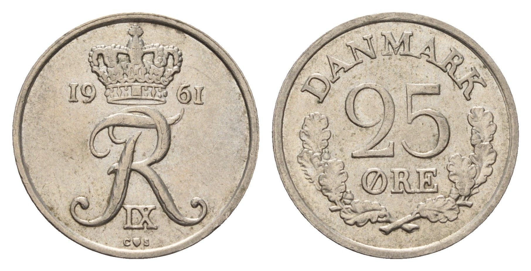 Дания 25 эре 1961 C; S, Фредерик IX (1947-1972) KM 850 медно-никель 3459-914