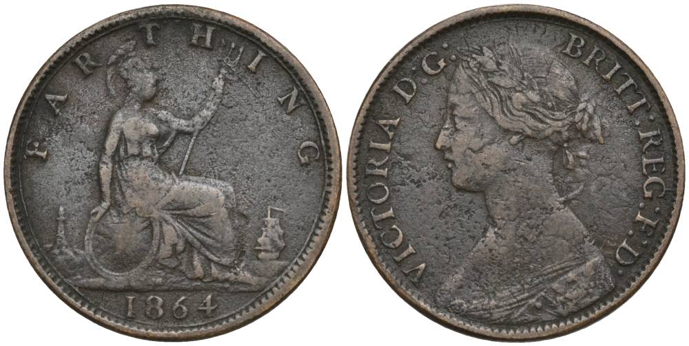 Великобритания 1 фартинг 1864 Виктория (1837-1901) KM 747.2, Spink 3958 бронза 4548-1055
