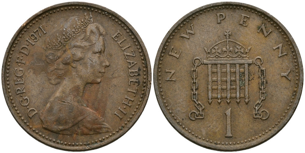 Великобритания 1 пенни 1971 Елизавета II (1952-2022) KM 915, Spink 4237 (B1) бронза 4396-1111