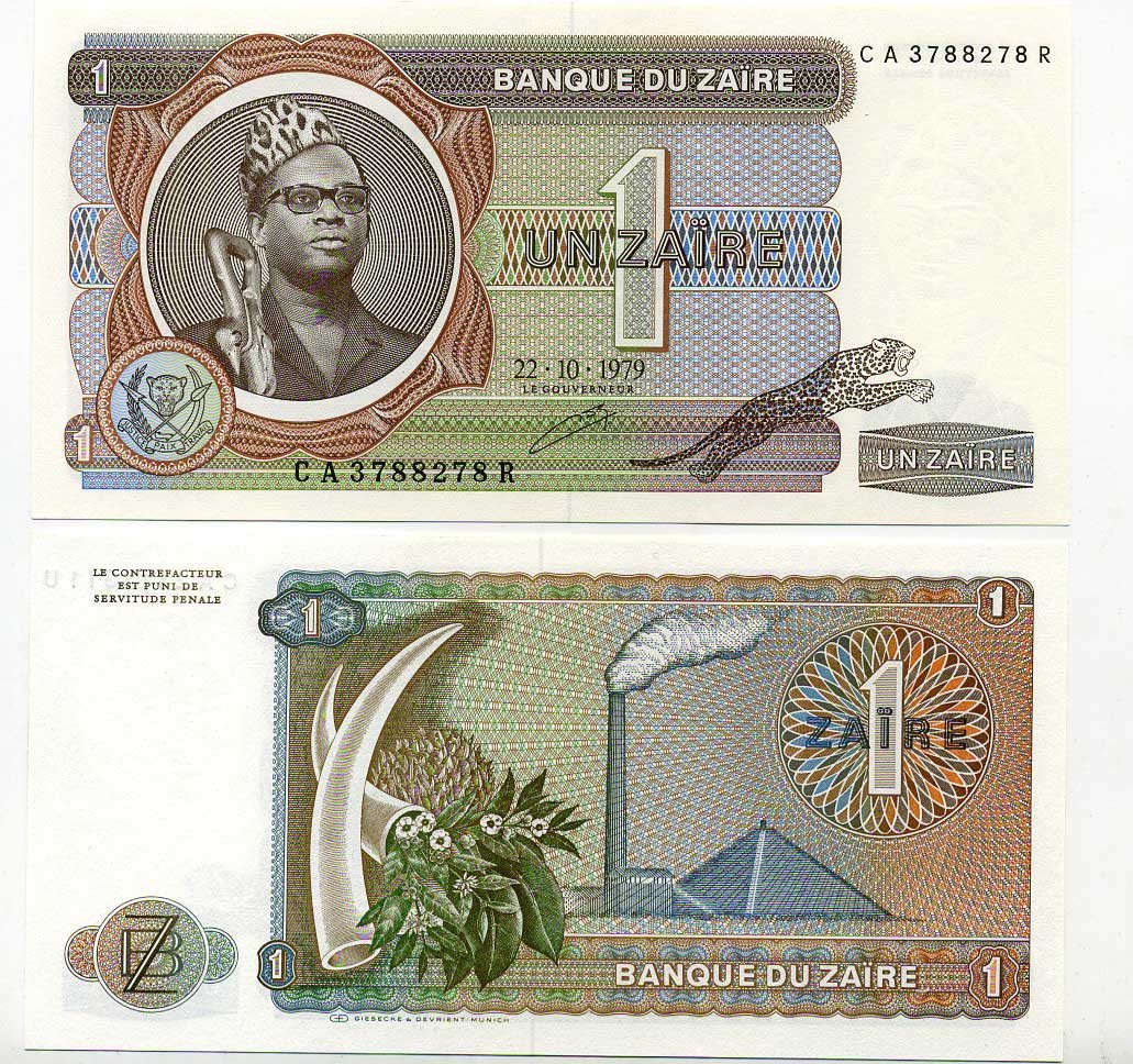 Заир 1 заир 1979 Мобуту Сесе Секо, бивни слона, фабрика Pick 19 а бумага UNC (пресс) 448-32-4-3