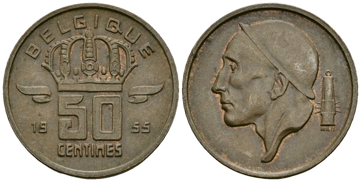 Бельгия 50 сантимов 1955 BELGIQUE KM 144 бронза 4164-1043