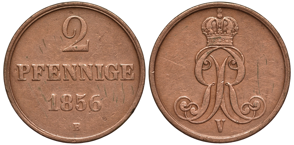 Брауншвейг-Каленберг-Ганновер 2 пфеннига 1856 B, Георг V (1851-1866) KM 217,  AKS 152, J. 84 медь 413-5324
