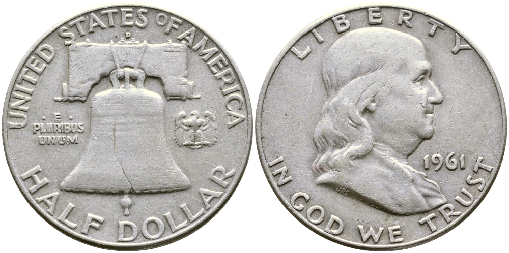 США 1/2 ДОЛЛАРА ( 50 ЦЕНТОВ ) 1961 D, ФРАНКЛИН, КОЛОКОЛ KM 199 серебро 58-625