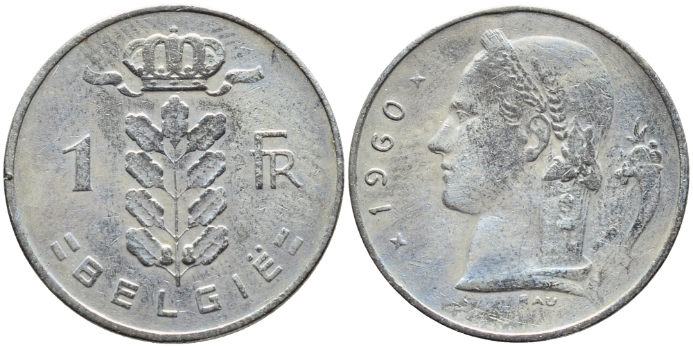 Бельгия 1 франк 1960 Belgie, Бодуэн I (1951-1993) KM 143.1 медно-никель 4388-553