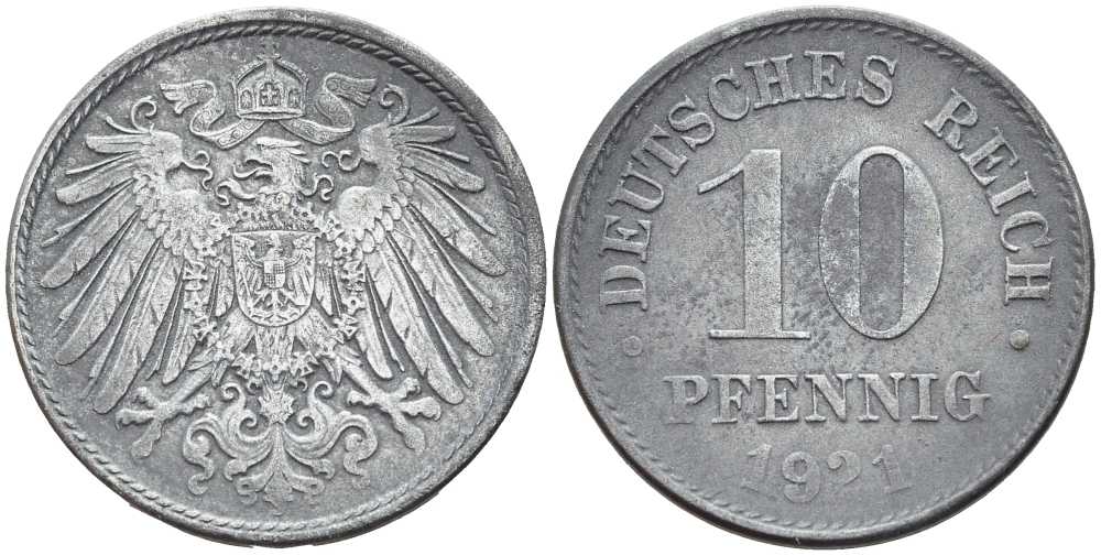 ГЕРМАНИЯ 10 ПФЕННИГОВ 1921 KM 26, J. 299 цинк 4401-216