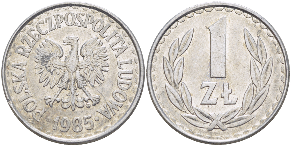 Польша 1 злотый 1985 MW, Народная Республика KM 49.1, Parchimowicz 213x алюминий 216-842
