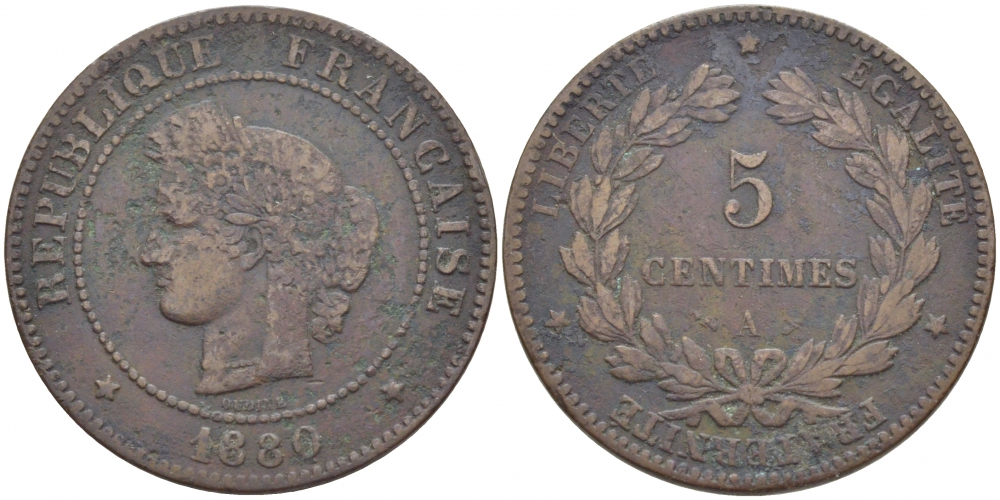 ФРАНЦИЯ 5 САНТИМОВ 1880 A, ТРЕТЬЯ РЕСПУБЛИКА (1871-1940) KM 821.1, LE FRANC 118.22 бронза 4448-136