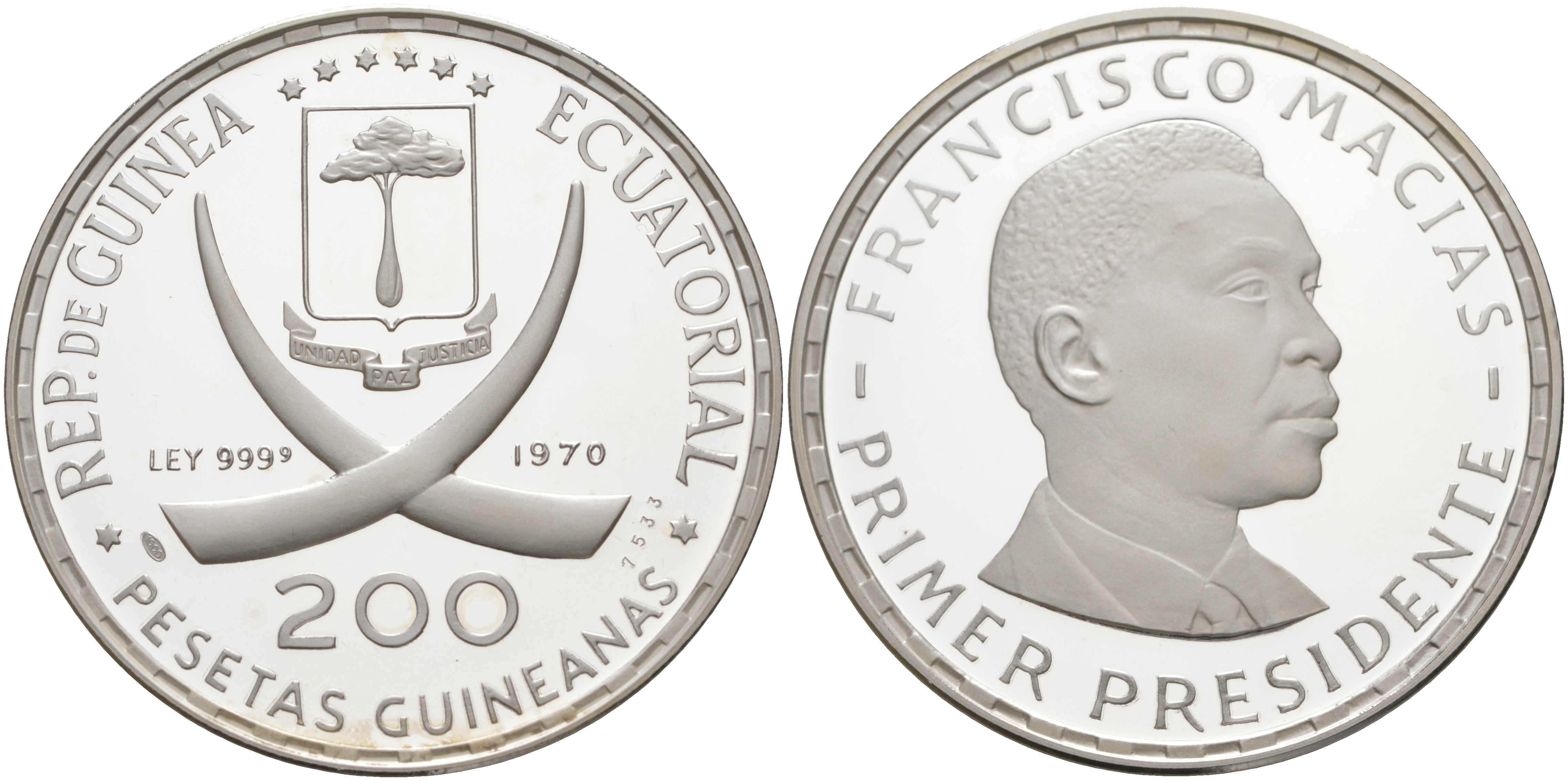 Экваториальная Гвинея 200 песет 1970 Первый президент Франсиско Масиас Нгема (1924-1979) KM 19 серебро PROOF 01-021-12-2