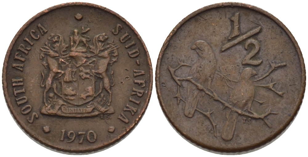 ЮАР 1/2 цента 1970 два капских воробья на ветке KM 81 бронза 66-313