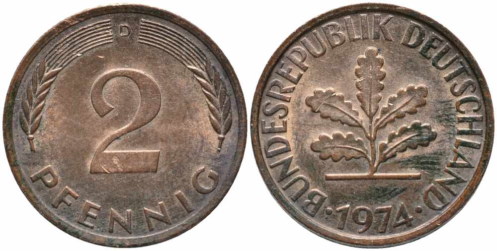 ФРГ 2 ПФЕННИГА 1974 D KM 106а, J. 381а сталь плакированная сталь плакированная медьюю 112-142