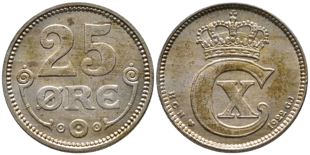 ДАНИЯ 25 ЭРЕ 1922 HCN; GJ, КРИСТИАН X (1912-1947) KM 815.2а медно-никель 100-736