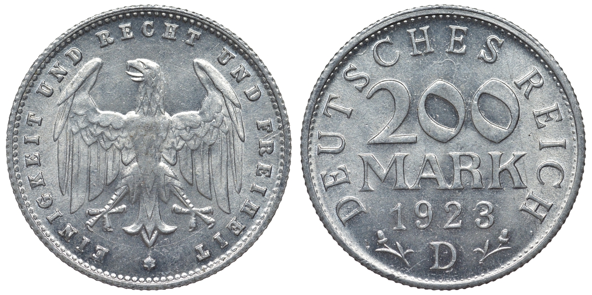 Германия 200 марок 1923 D KM 35, J. 304, Weege 22 алюминий 4119-531