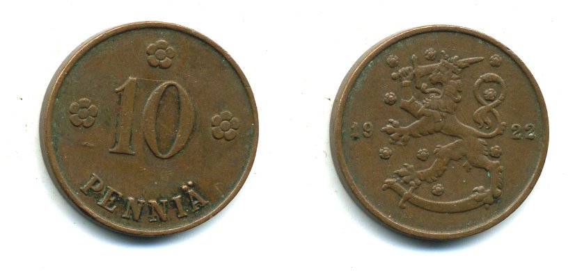 Финляндия 10 пенни 1922 республика (1918-1962) KM 24 медь 46-525