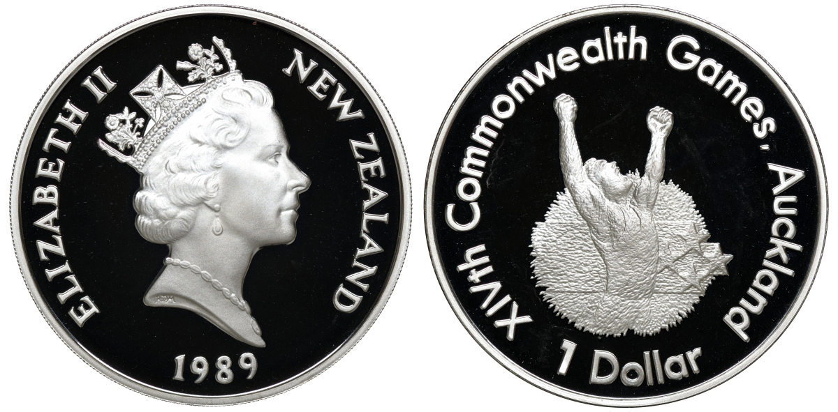 Новая Зеландия 1 доллар 1989 XIV Игры Содружества наций, бегун, Елизавета II (1952-2022), в оригинальной коробке, с сертификатом KM 67а серебро PROOF 4-3-5-33