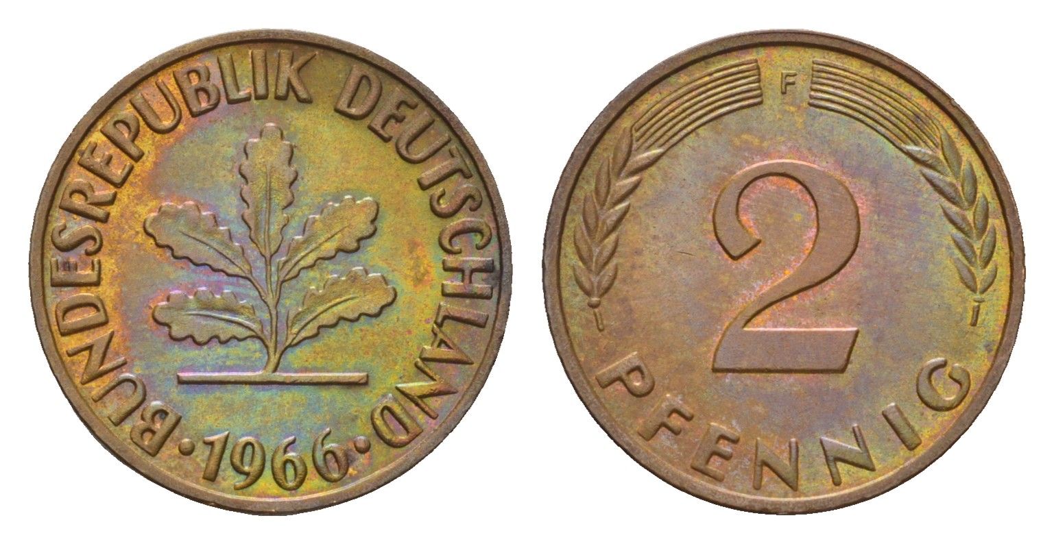 ФРГ 2 пфеннига 1966 F KM 106, J. 381 бронза 4549-1114