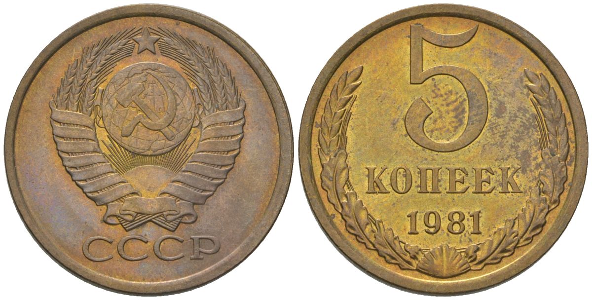 СССР 5 копеек 1981 KMKM 129a, Schon 78 латунь BUNC 4603-931