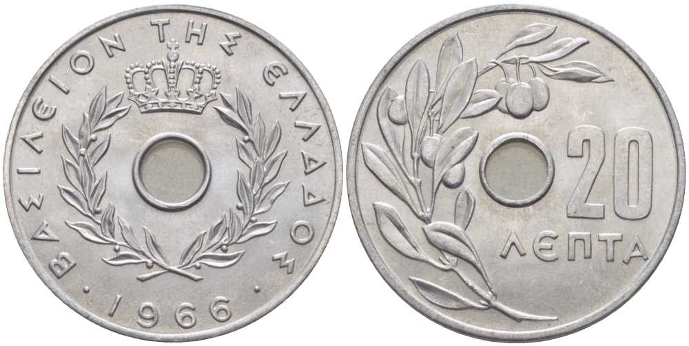 Греция 20 лепта 1966 Константин II (1964-1974), оливковая ветвь KM 79 алюминий UNC 28-811