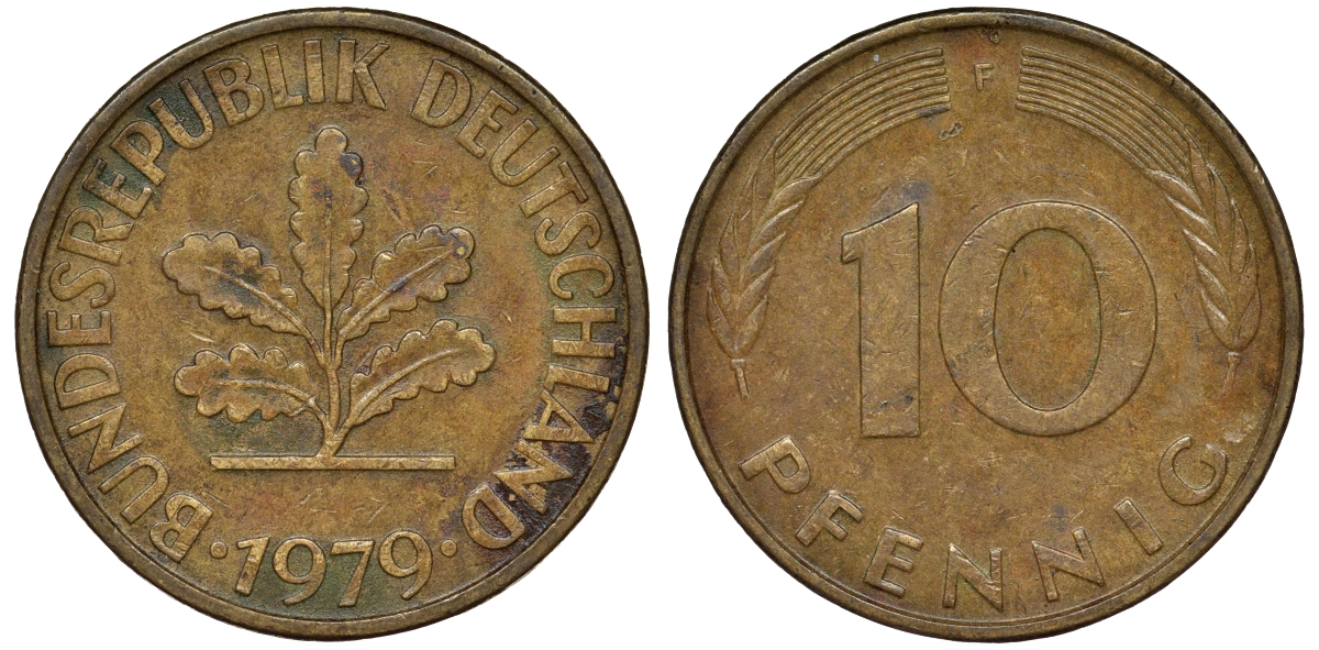 ФРГ 10 пфеннигов 1979 F KM 108, J. 383 сталь плакированная латунью 62-533