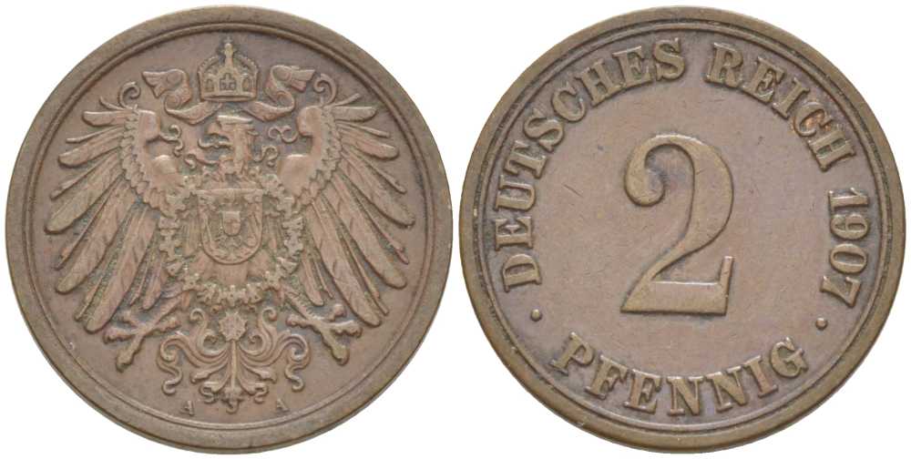 ГЕРМАНИЯ 2 ПФЕННИГА 1907 A KM 16, J. 11, Weege 4 медь 211-519