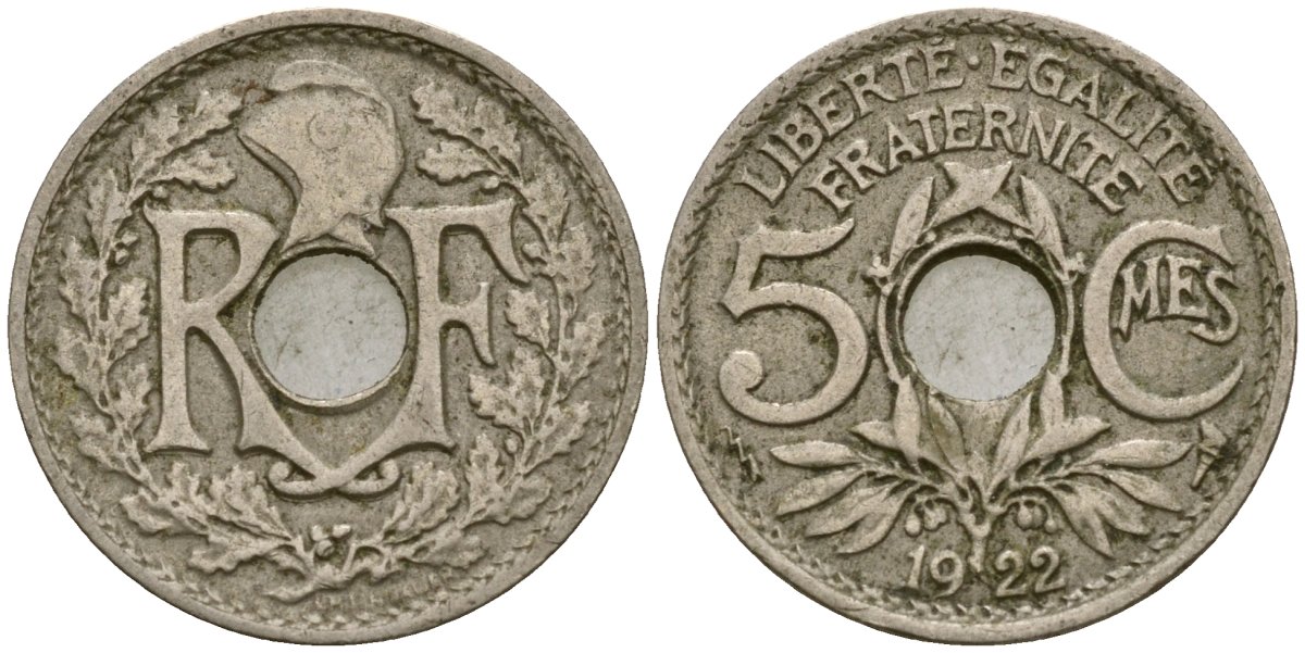 Франция 5 сантимов 1922 KM 875 медно-никель 4164-336