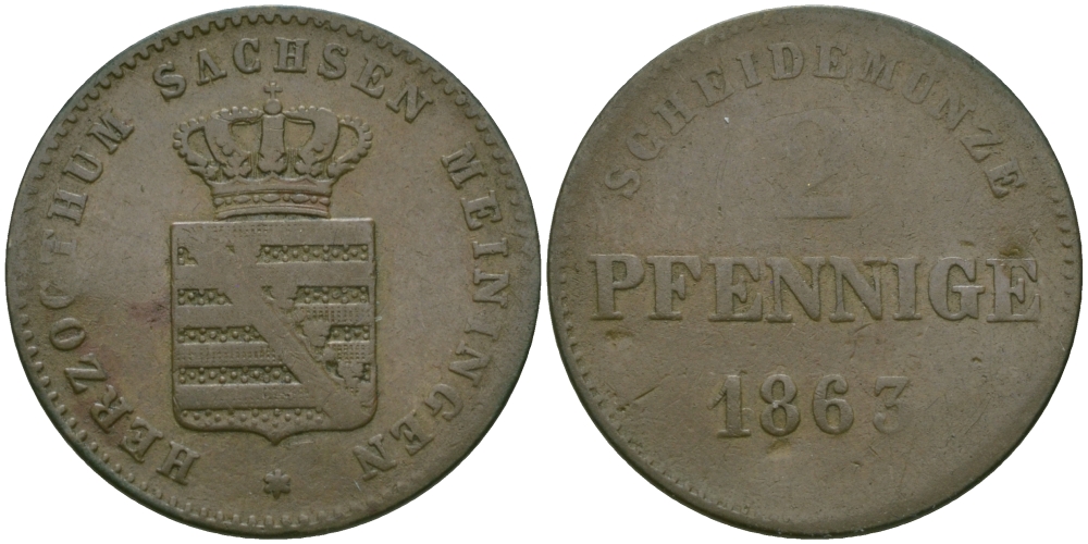 Саксен-Мейнинген 2 пфеннига 1863 Бернгард II (1803-1866) KM 171 медь 99-643