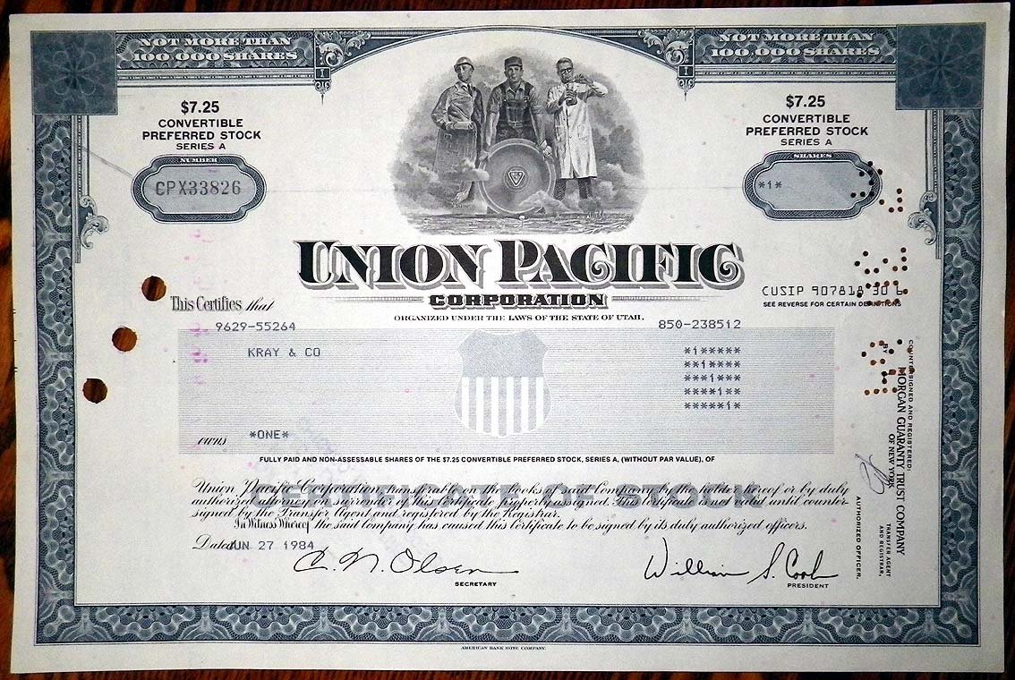 США, Union Pacific Corporation 1 акция 1984 бумага 8802-67-1