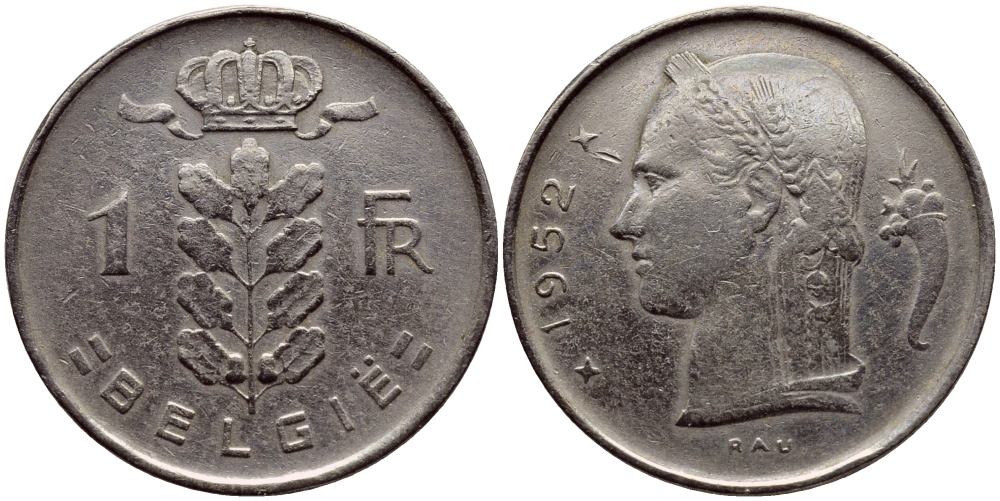 Бельгия 1 франк 1952 Belgie, Бодуэн I (1951-1993) KM 143.1 медно-никель 4390-1143