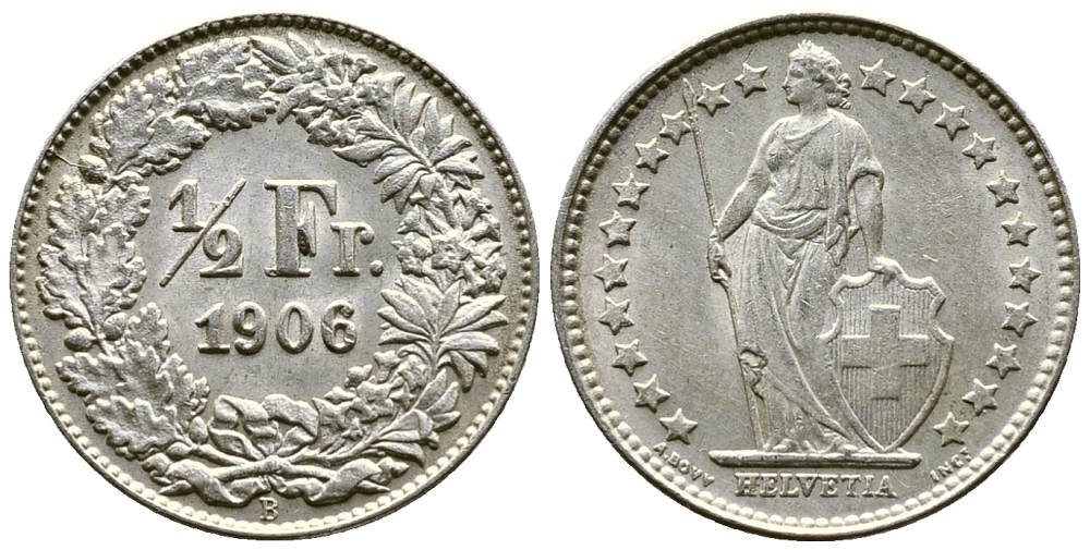 Швейцария 1/2 франка 1906 В KM 23 серебро UNC 46-922