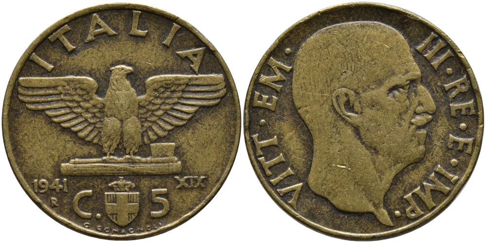 ИТАЛИЯ 5 ЧЕНТЕЗИМО 1941 R, ГОД XIX, ВИКТОР ЭММАНУИЛ III (1900-1946) KM 73а алюминиевая бронза 75-1559