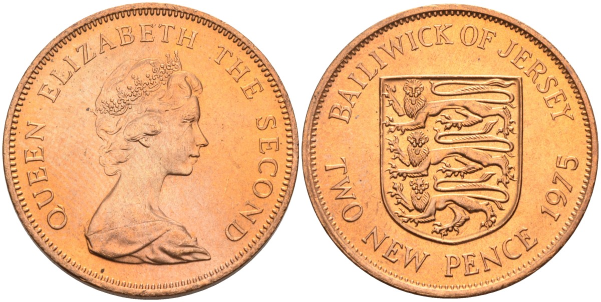 Джерси 2 пенса 1975 герб, Елизавета II (1952-2022) KM 31 бронза UNC 4367-432