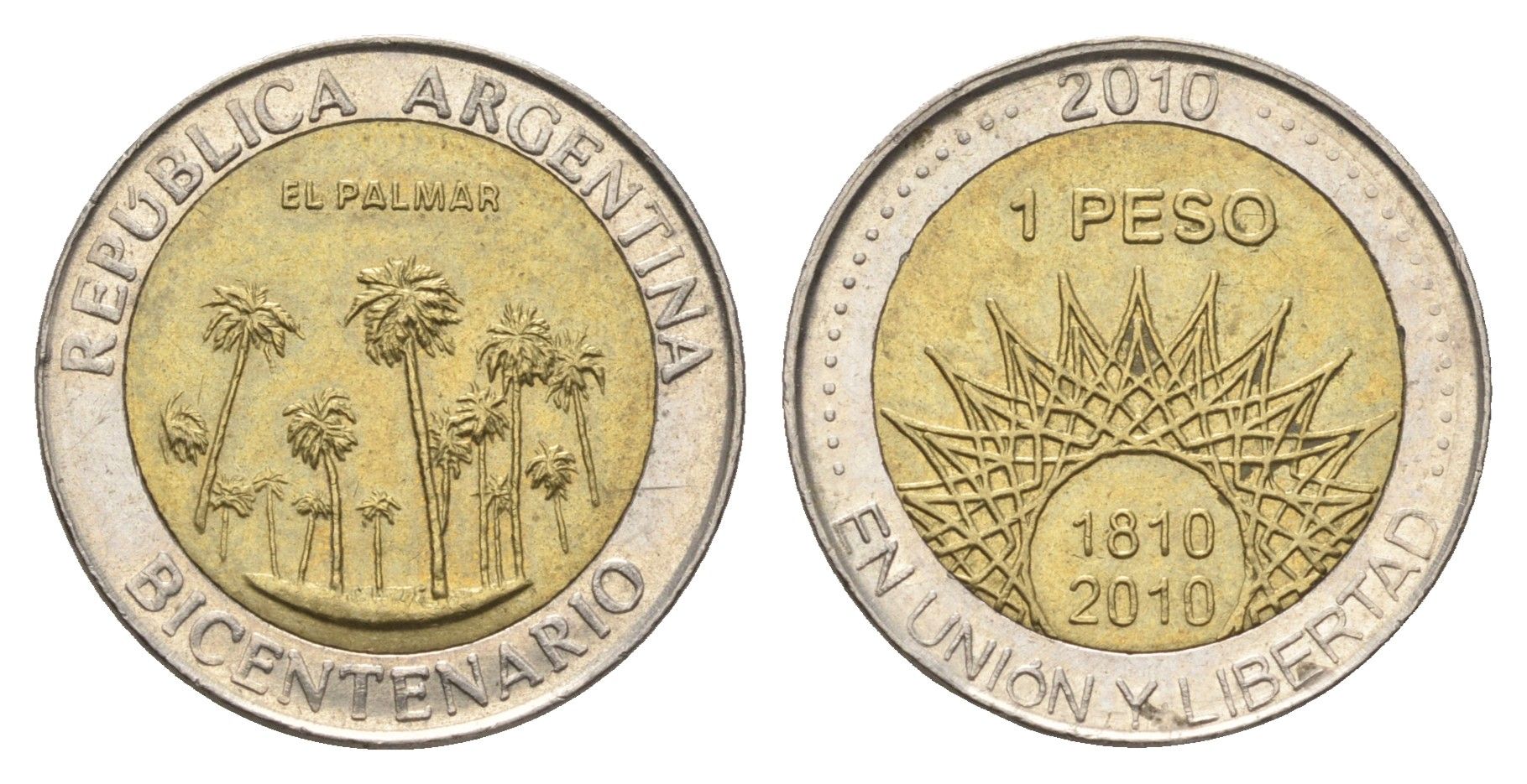 Аргентина 1 песо 2010 200 лет Аргентине - парк Эль-Палмар KM 156 биметалл 4663-644