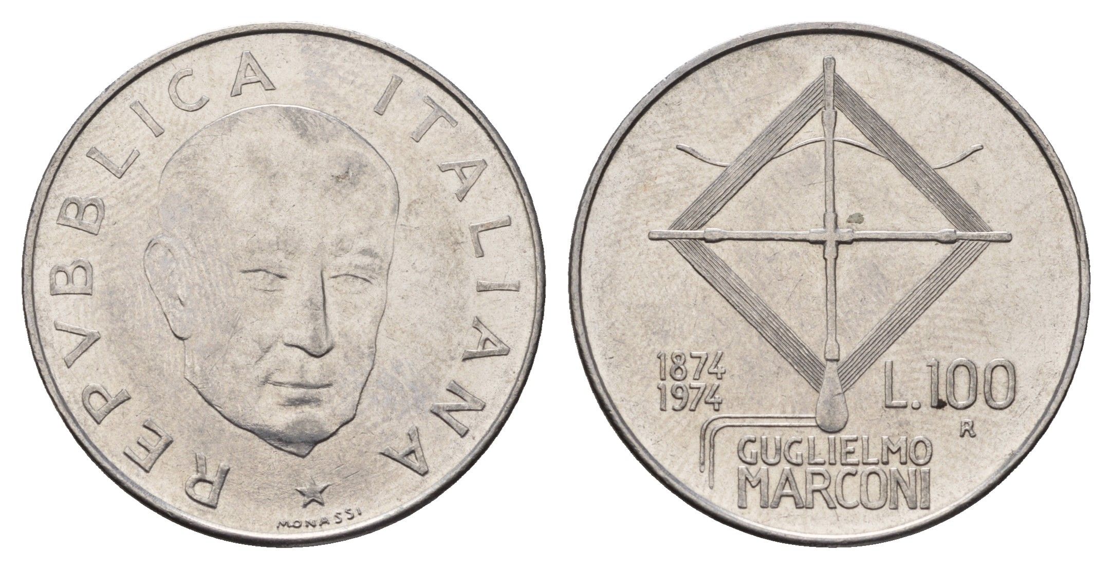 Италия 100 лир 1974 100 лет со дня рождения Гульельмо Маркони KM 102 нержавеющая сталь 4119-553