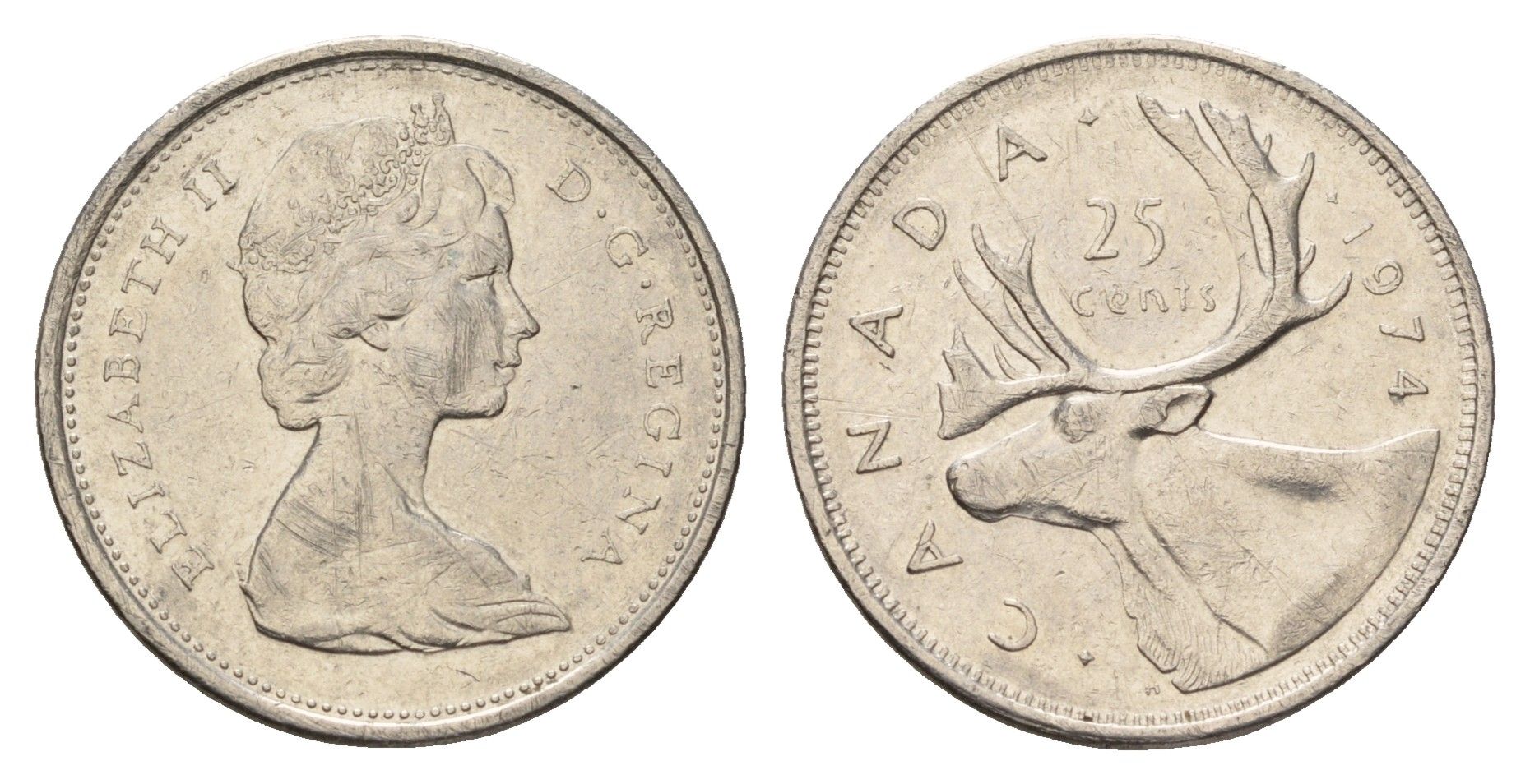 Канада 25 центов 1974 Елизавета II (1952-2022), олень KM 62b никель 4688-444