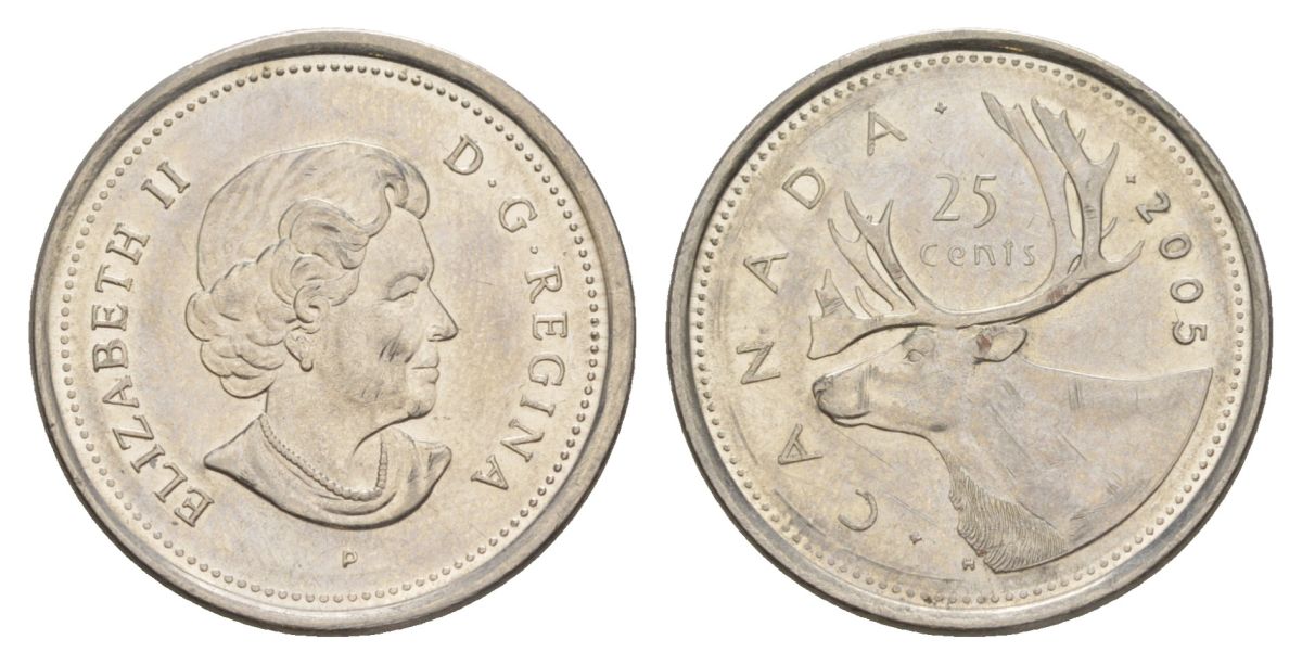 Канада 25 центов 2005 P, Елизавета II (1952-2022), олень KM 493 сталь плакированная никелем aUNC 4631-716