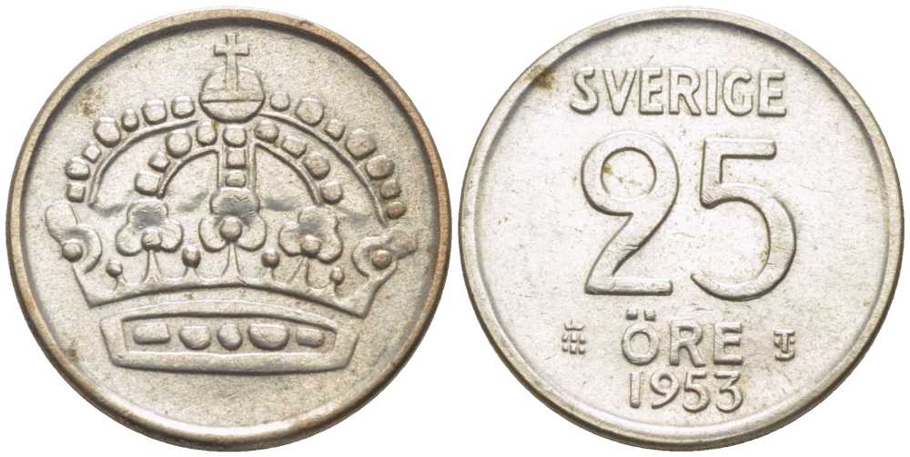 Швеция 25 эре 1953 TS, Густав VI Адольф (1950-1973) KM 824 серебро 116-1148