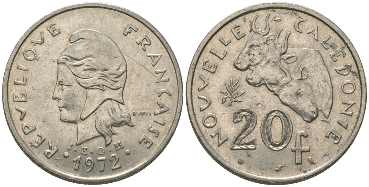 Французская Новая Каледония 20 франков 1972 три быка, (IEOM) KM 12, Schoen 14, Lec 106 никель 69-624