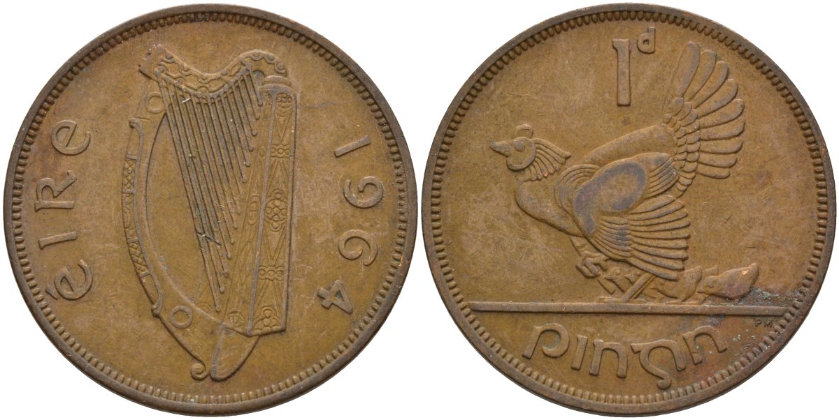 Ирландия 1 пенни 1964 курица с цыплятами KM 11 бронза 4144-1122